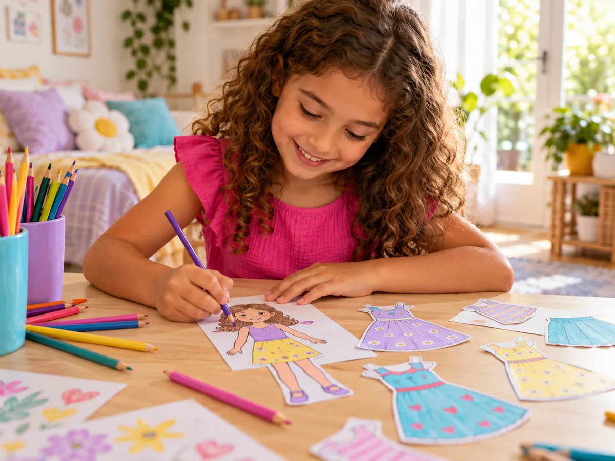 Cena ilustrativa criada com IA: menina colorindo bonequinhas de papel