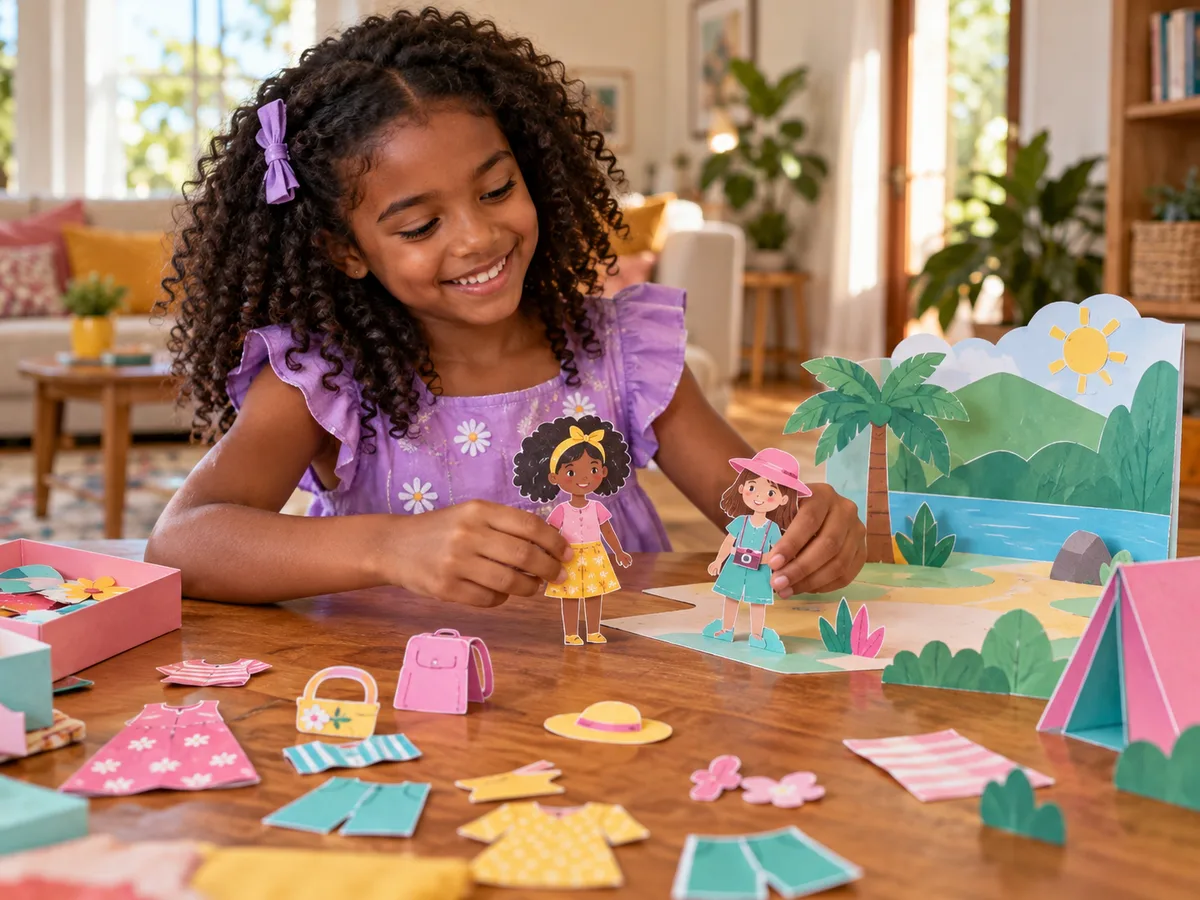 Cena ilustrativa criada com IA: criança inventando histórias com bonecas e cenário de papel